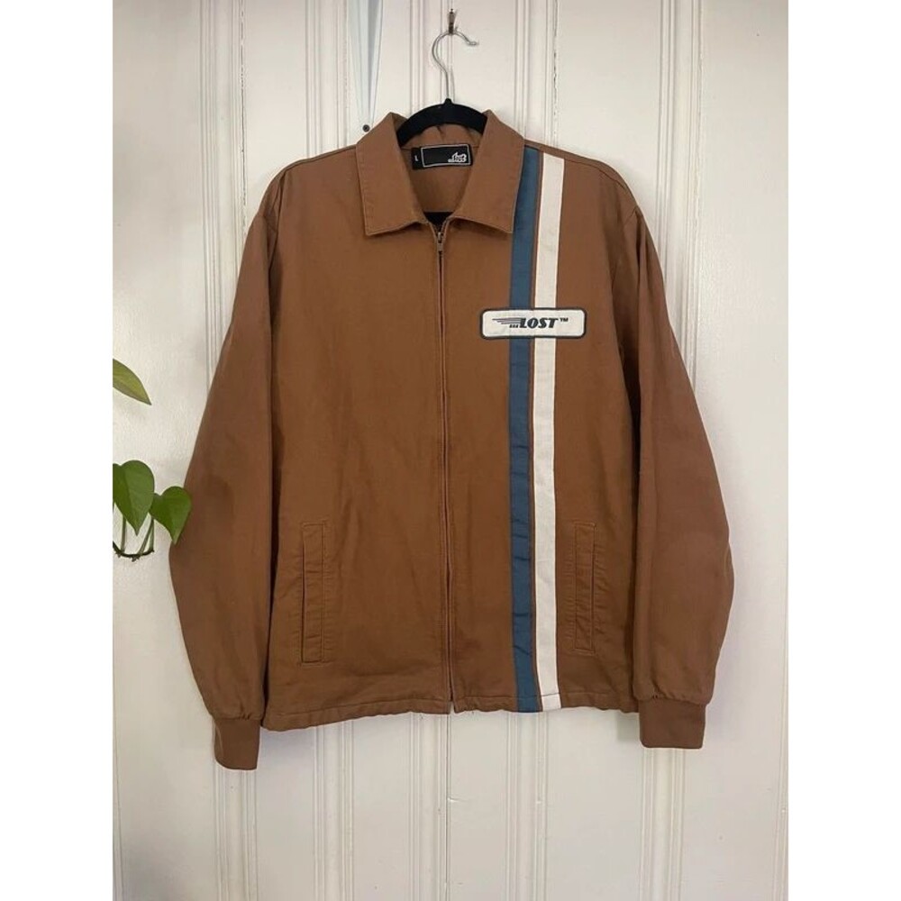 LOST Enterprises Men Brown Blue Stripes Goodtime Zip Up Textured Jacket Size L